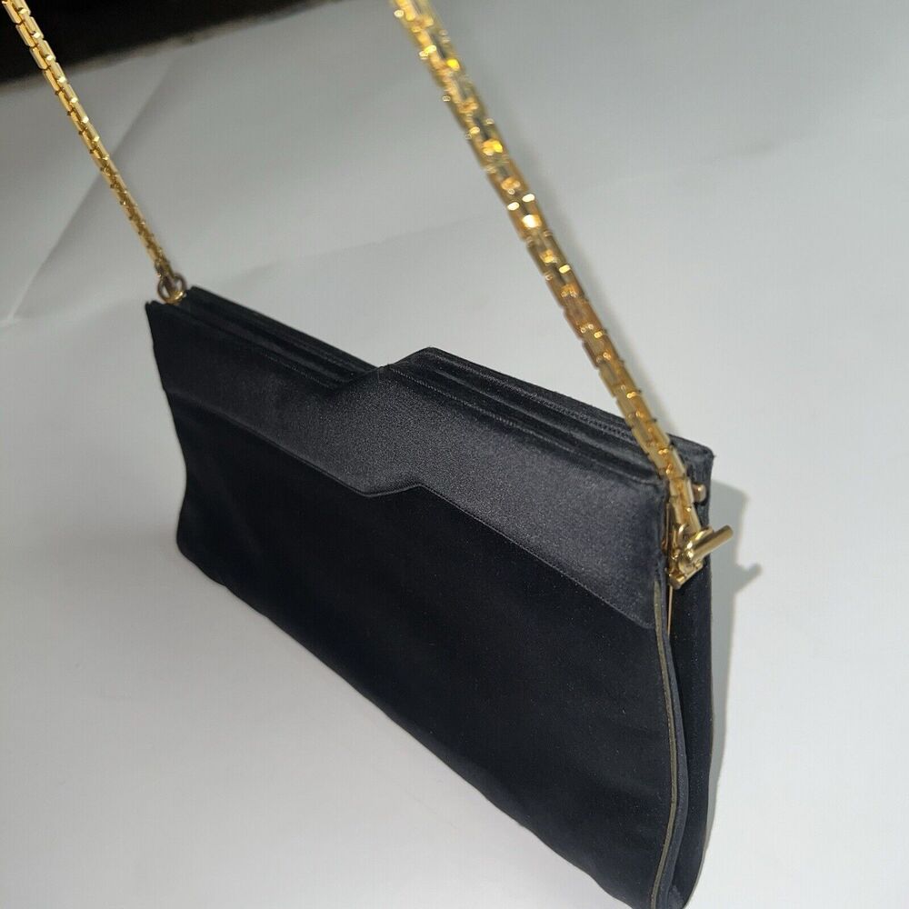 Judith Leiber Vintage Black Satin Shoulder Clutch w Detachable Chain Strap EUC
